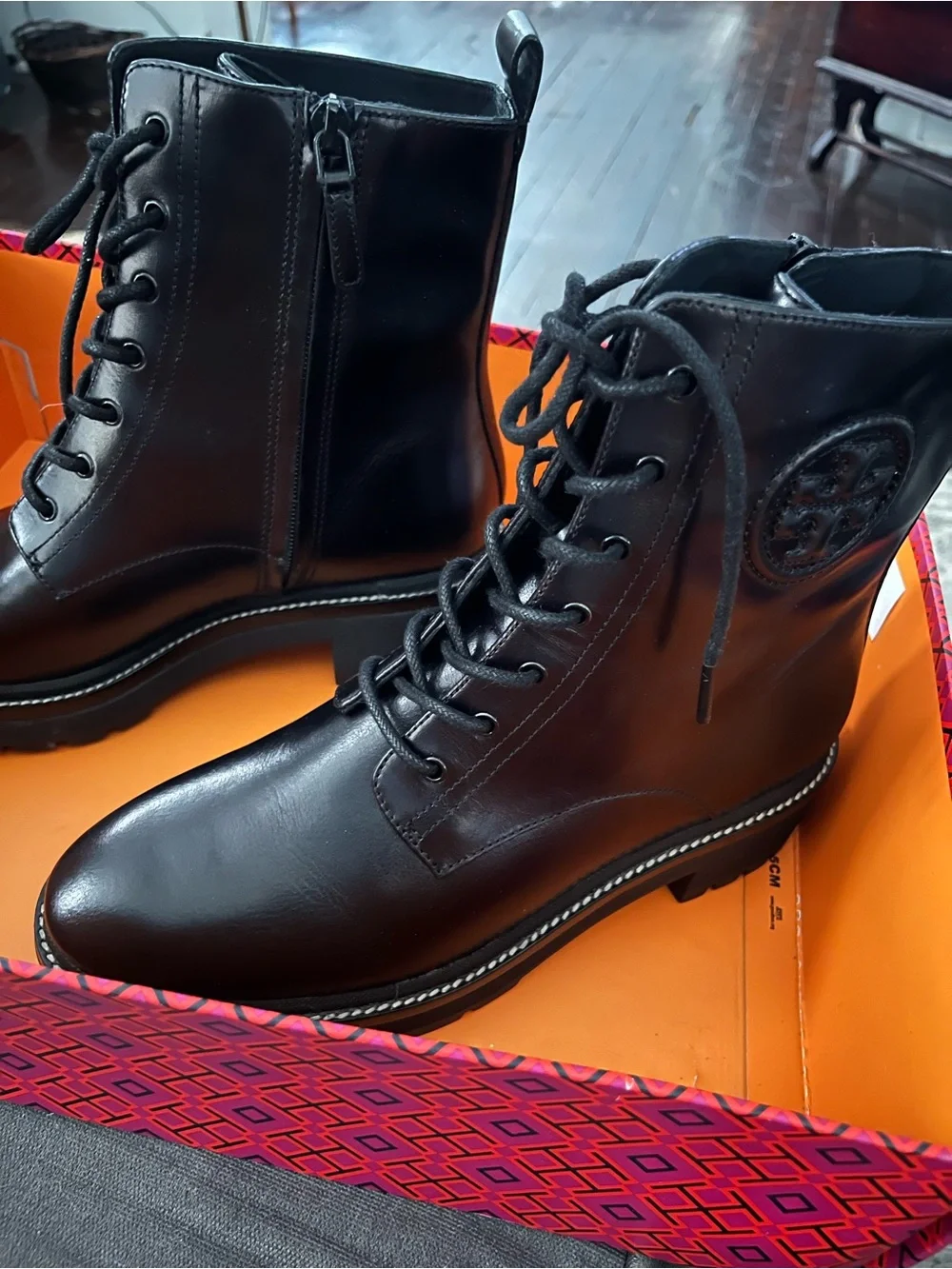 Tory Burch Black Leather Lug-Sole Combat Boots
